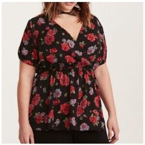 TORRID Surplice Top Blouse Womens 1X Black Floral V Neck Whimsigoth Fairy Grunge